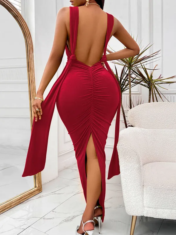 V-neck Long Dress with Fitted Waist and Side Slit