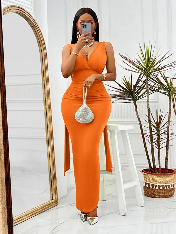 V-neck Long Dress with Fitted Waist and Side Slit