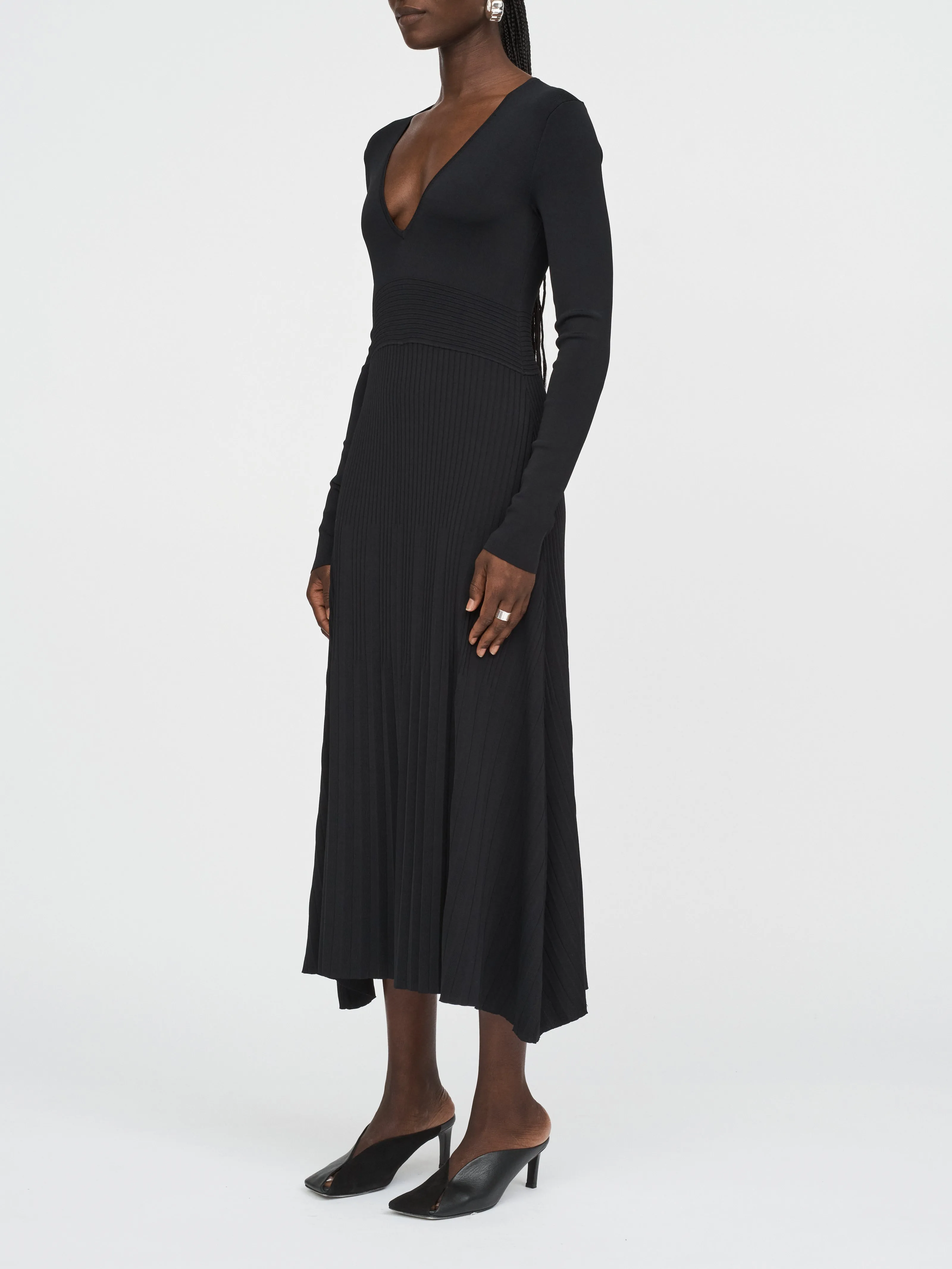 V-Neck Pleated Dress in Black