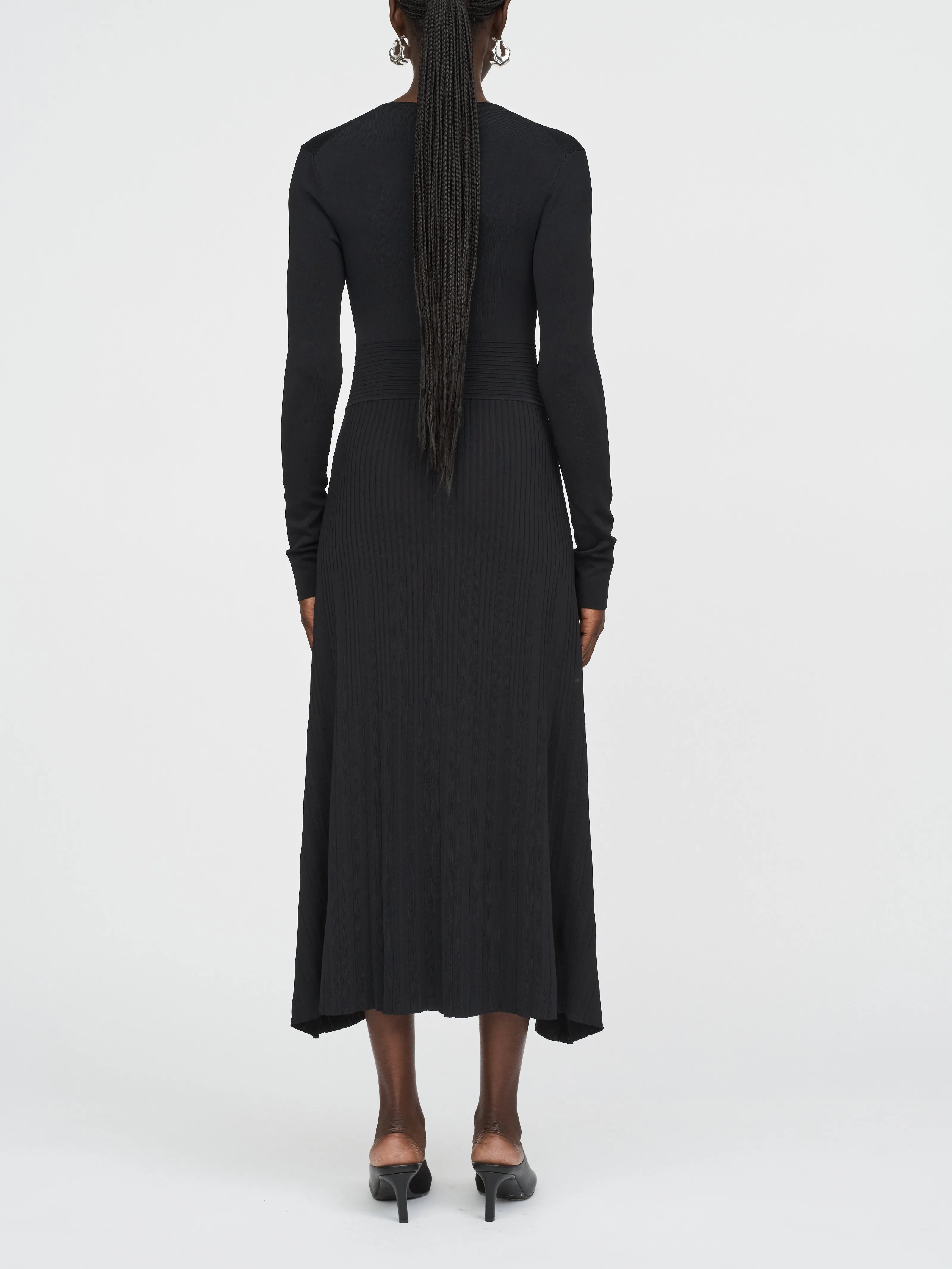 V-Neck Pleated Dress in Black