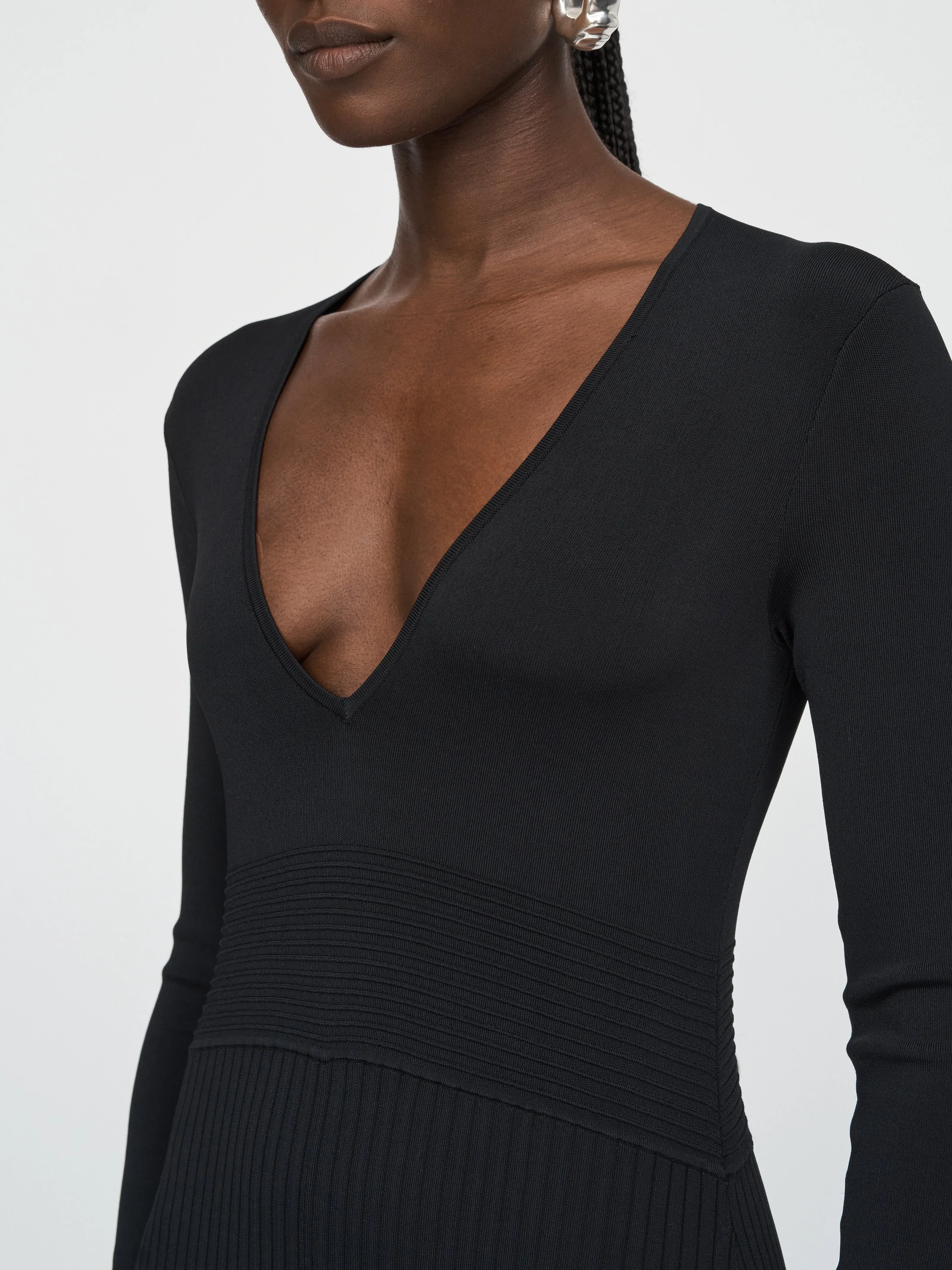 V-Neck Pleated Dress in Black