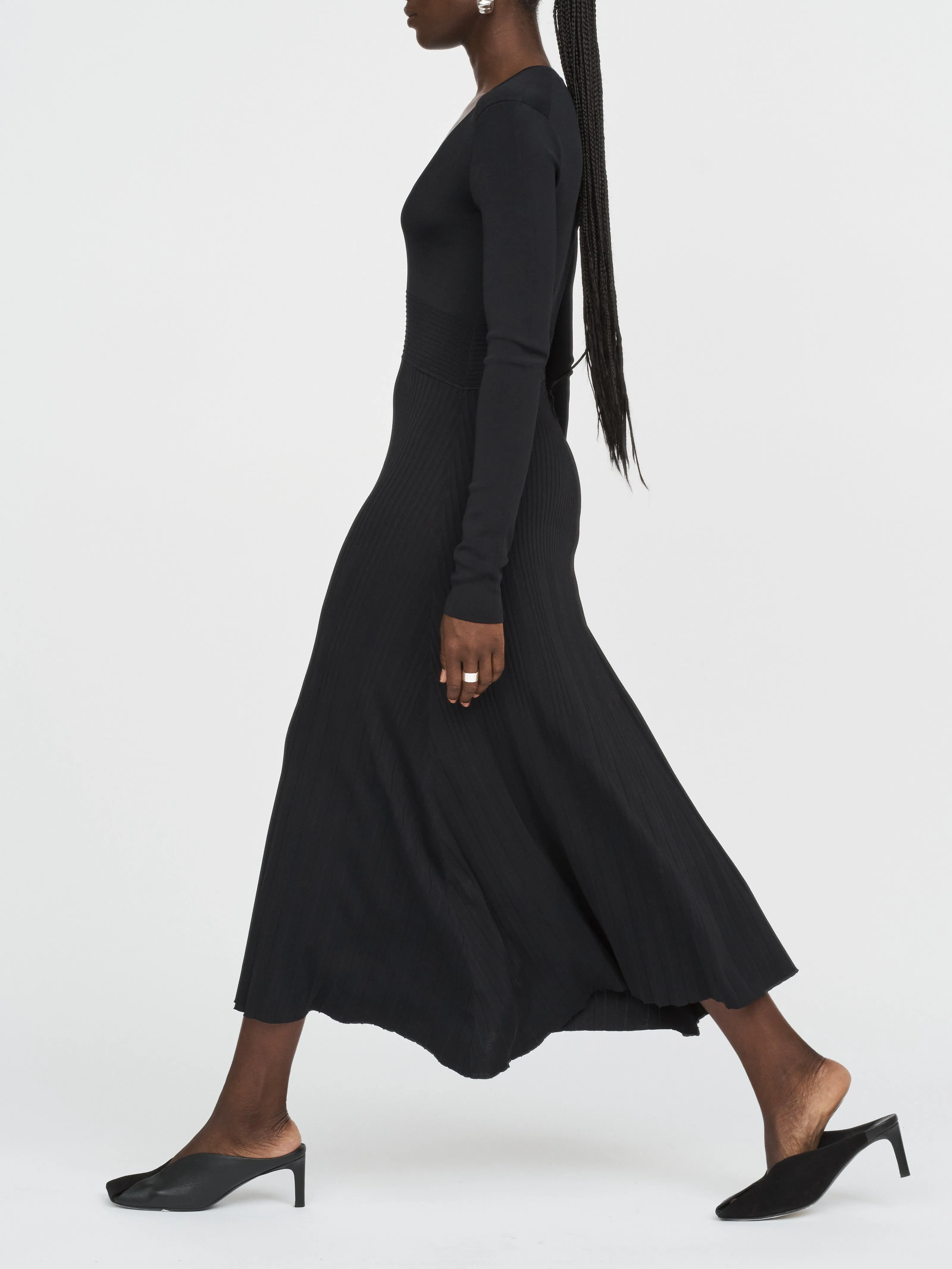 V-Neck Pleated Dress in Black