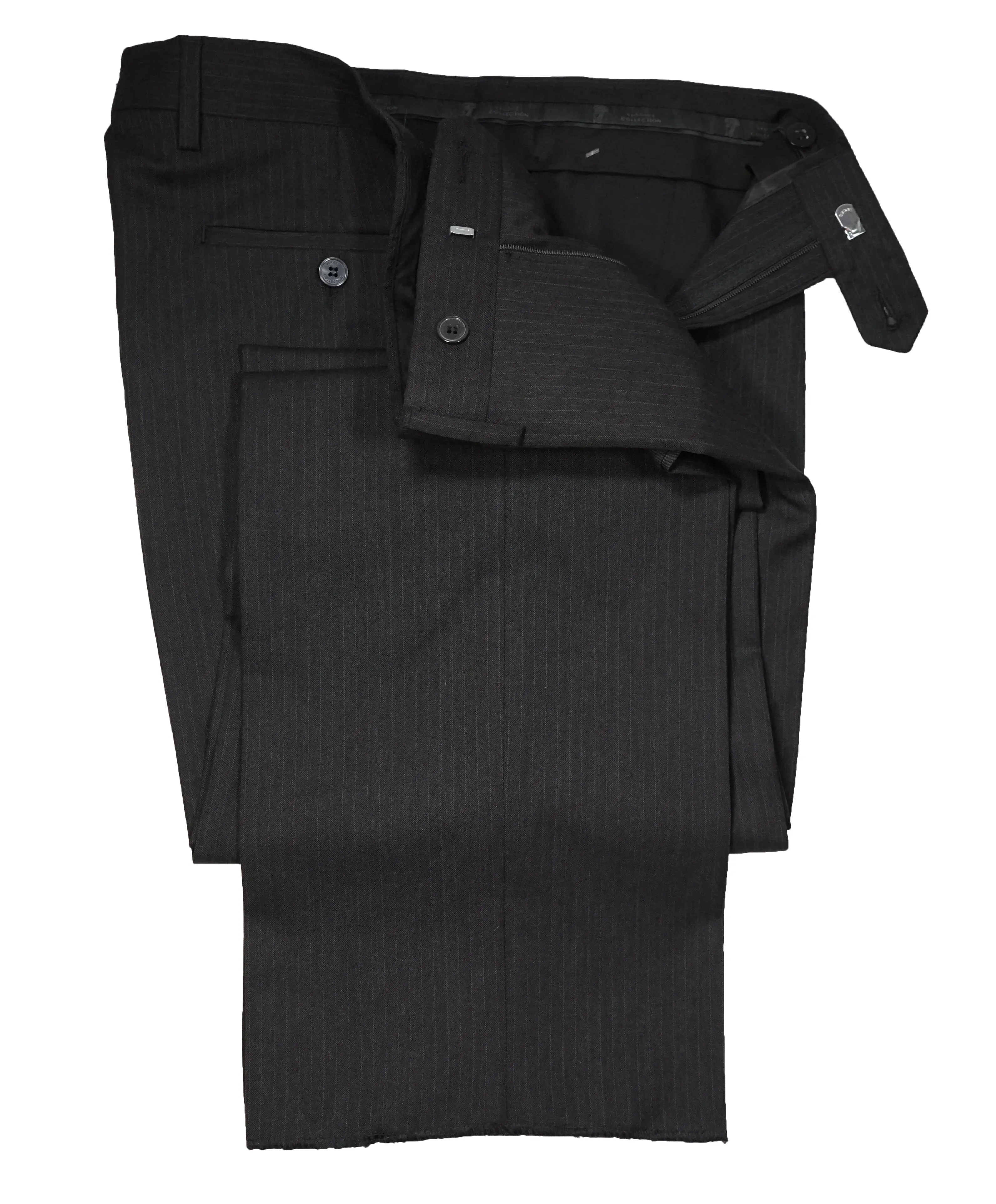 VERSACE COLLECTION -Charcoal Tonal Stripe MOP Logo Button Wool Pants - 37W