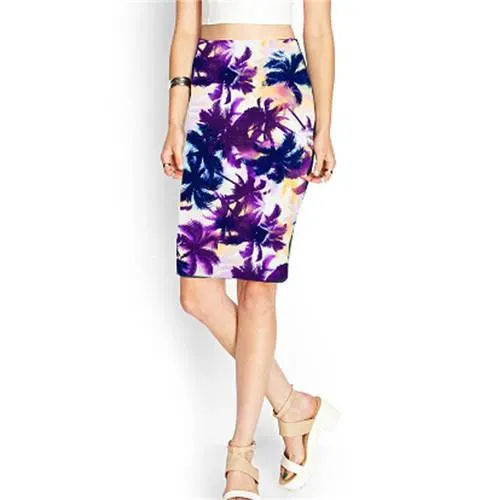 Vintage Fashion Printed Pencil Skirt Midi Women Knee-Length Elastic High Waist Ladies Pattern Skirts