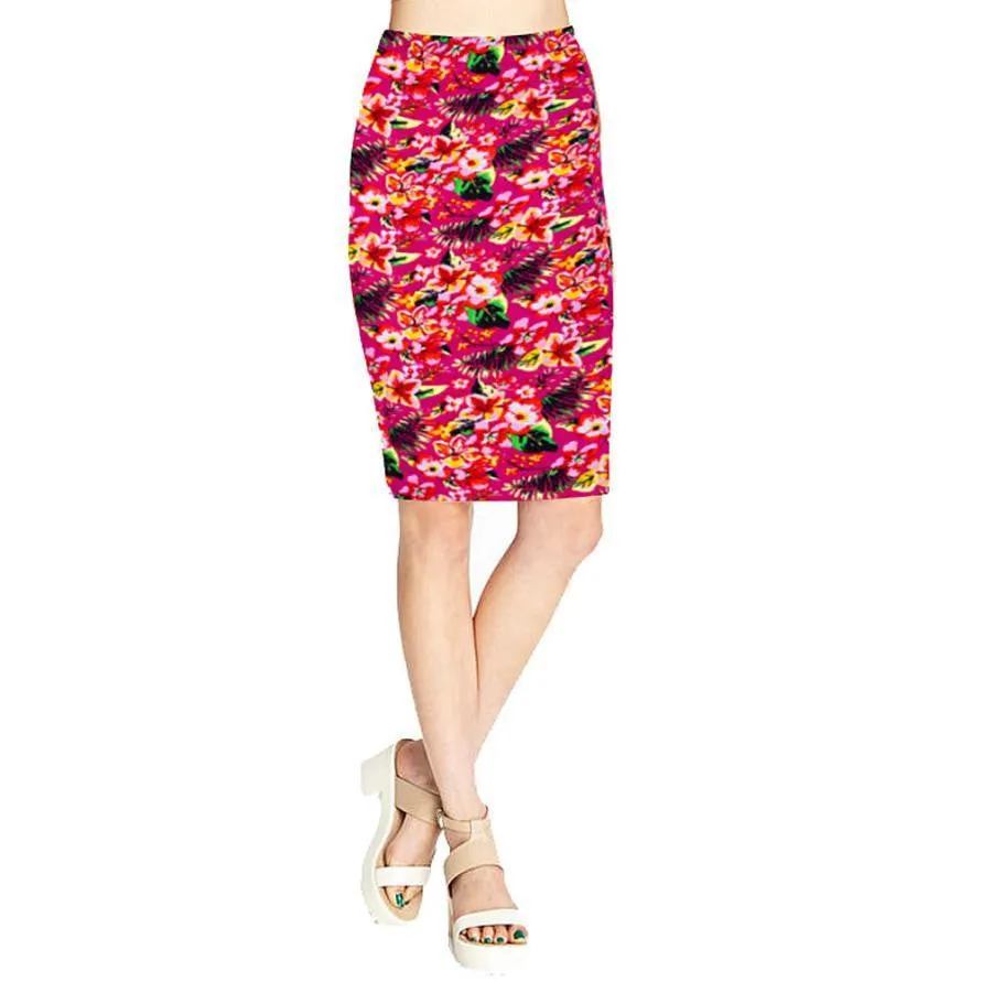 Vintage Fashion Printed Pencil Skirt Midi Women Knee-Length Elastic High Waist Ladies Pattern Skirts