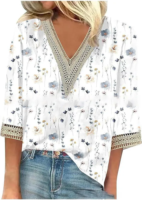 Wear Loose New Floral Print Stitching Lace Half Sleeve V-neck T-shirt