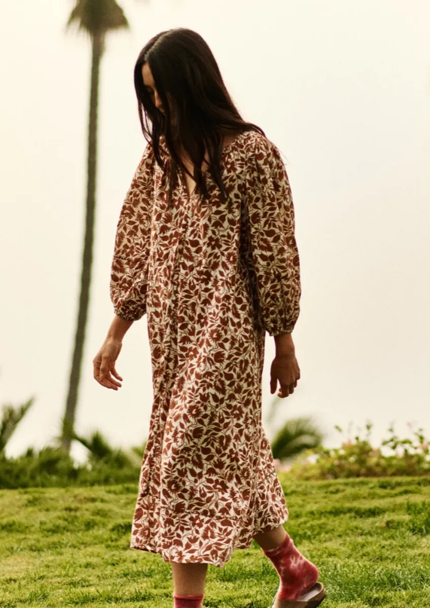 Whip-Stitch Willow Dress, Brown Blossom Floral