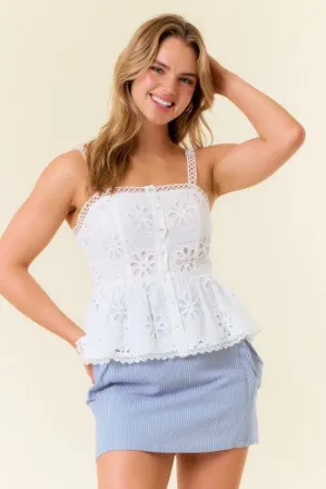 White Eyelet Lace Floral Button Down Tank