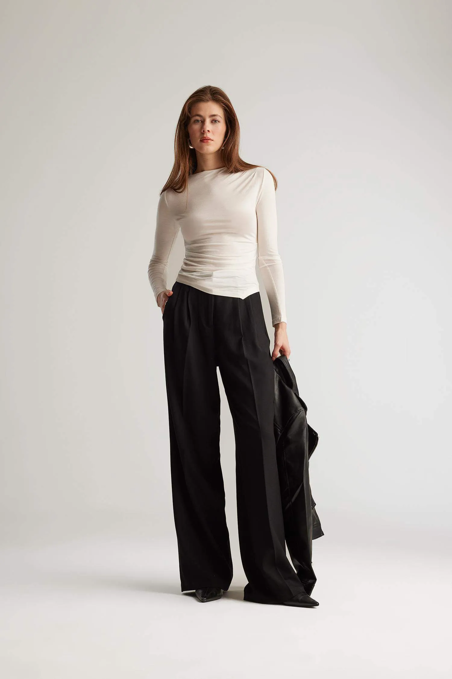 Wide Leg Zippered High Waist Trousers