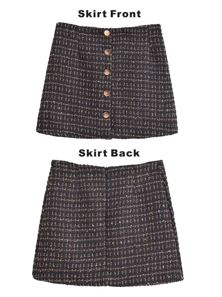 Women Black Braided Gold Thread Tweed Blazer