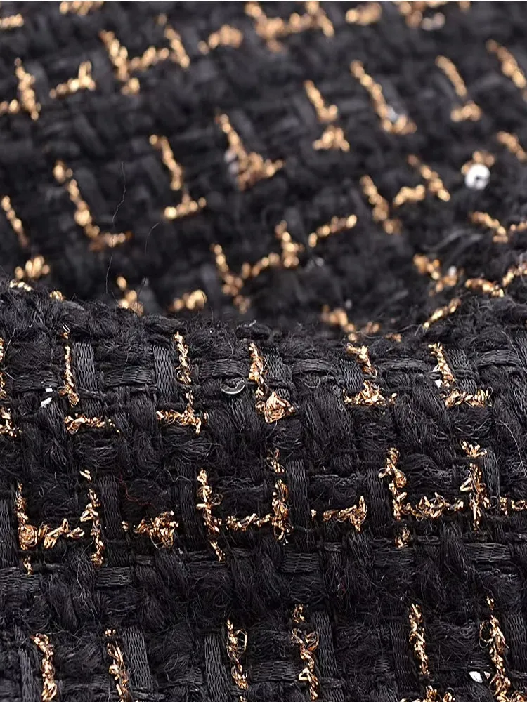 Women Black Braided Gold Thread Tweed Blazer