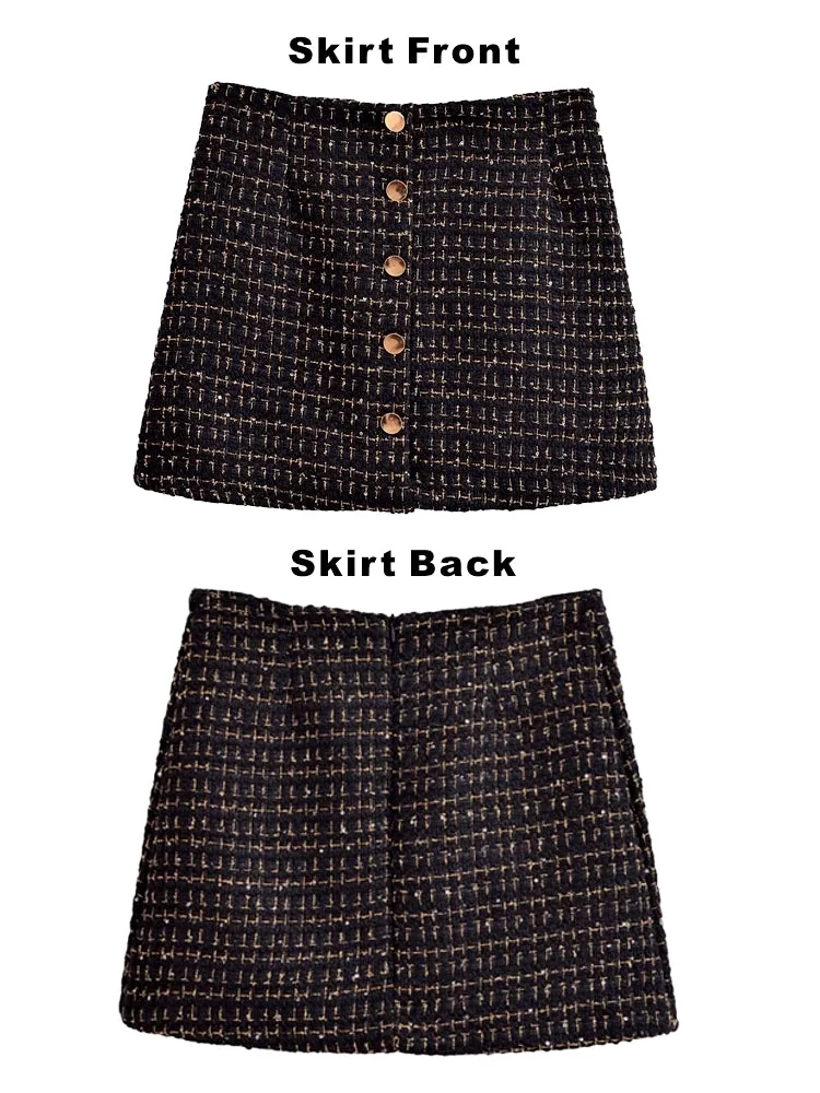 Women Black Braided Gold Thread Tweed Blazer