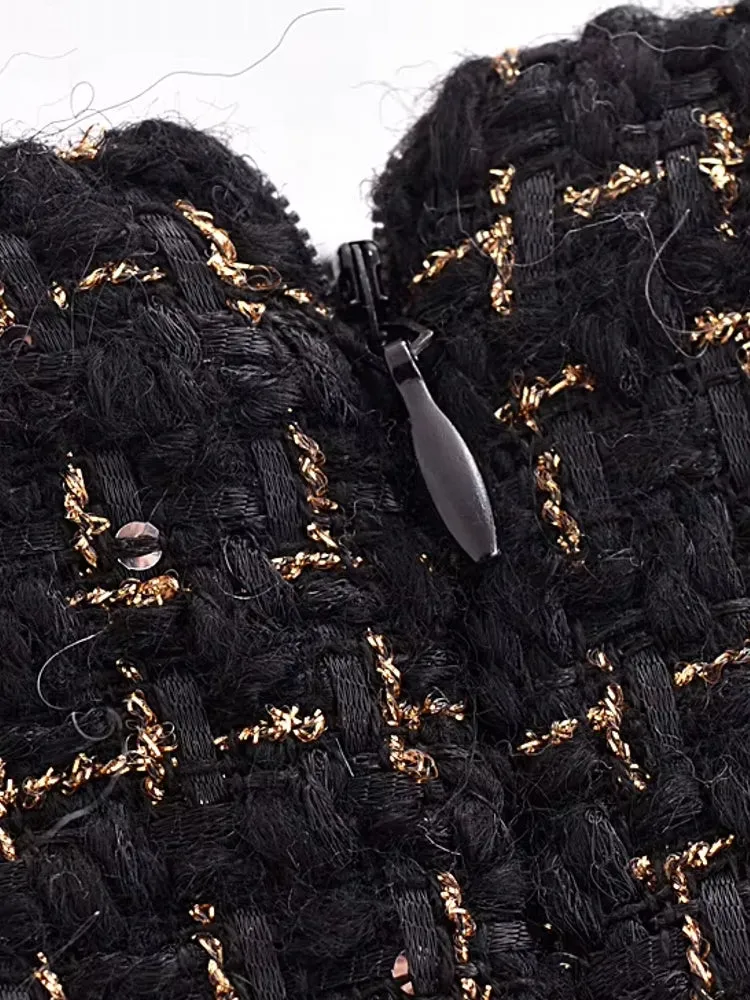 Women Black Braided Gold Thread Tweed Blazer