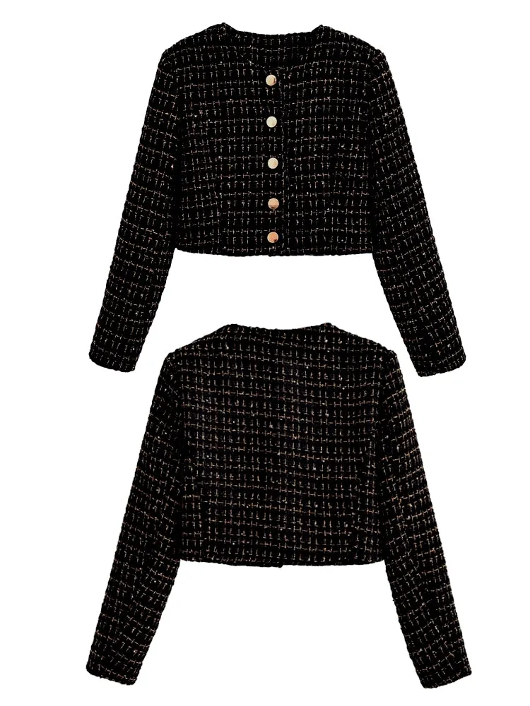 Women Black Braided Gold Thread Tweed Blazer