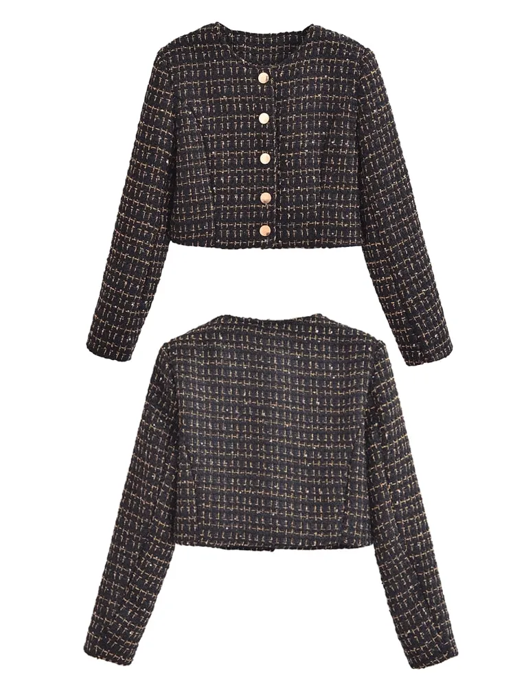 Women Black Braided Gold Thread Tweed Blazer