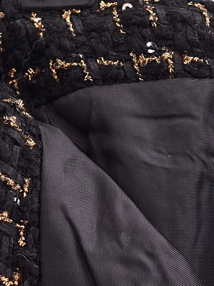 Women Black Braided Gold Thread Tweed Blazer