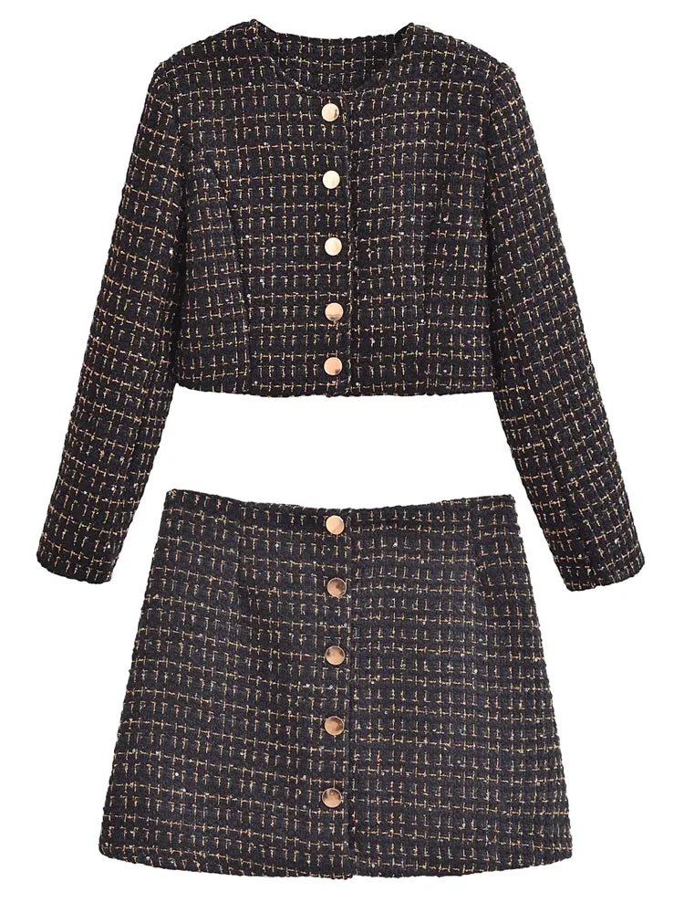 Women Black Braided Gold Thread Tweed Blazer