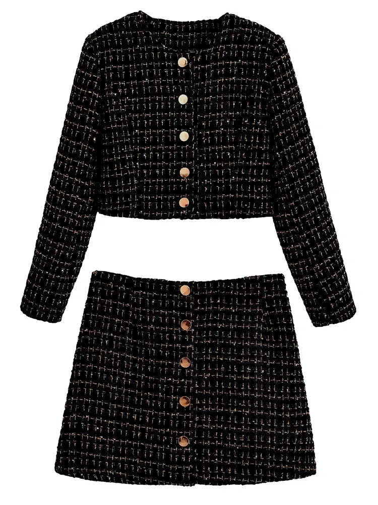 Women Black Braided Gold Thread Tweed Blazer