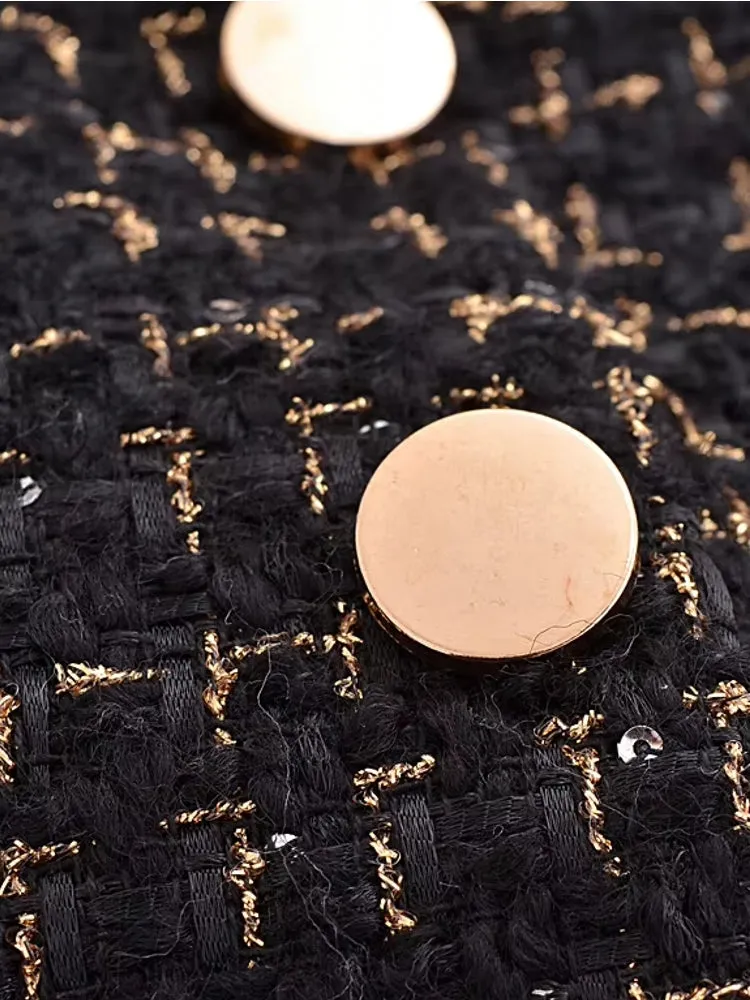 Women Black Braided Gold Thread Tweed Blazer