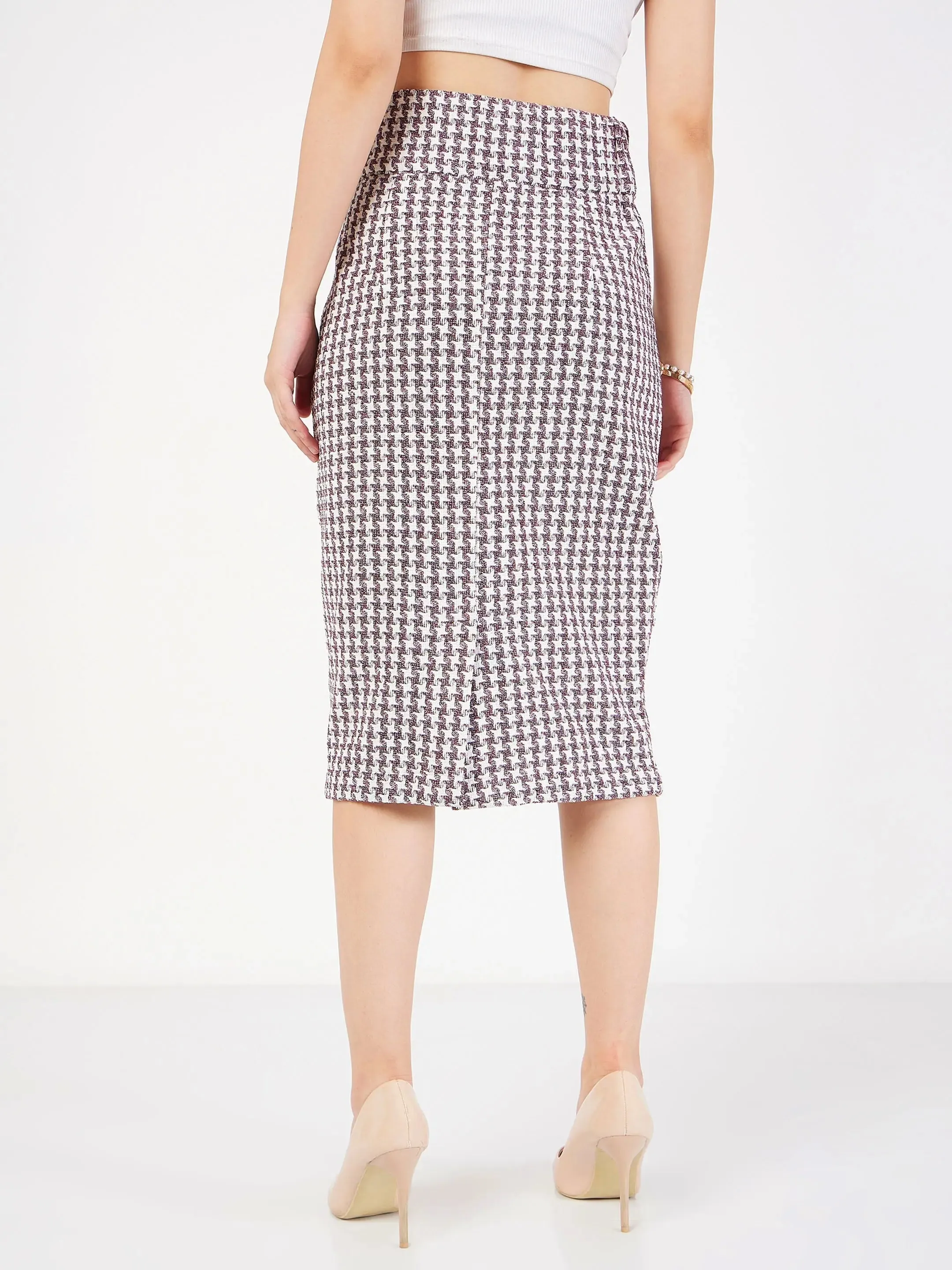 Women Burgundy Geometrical Jacquard Tweed Pencil Skirt
