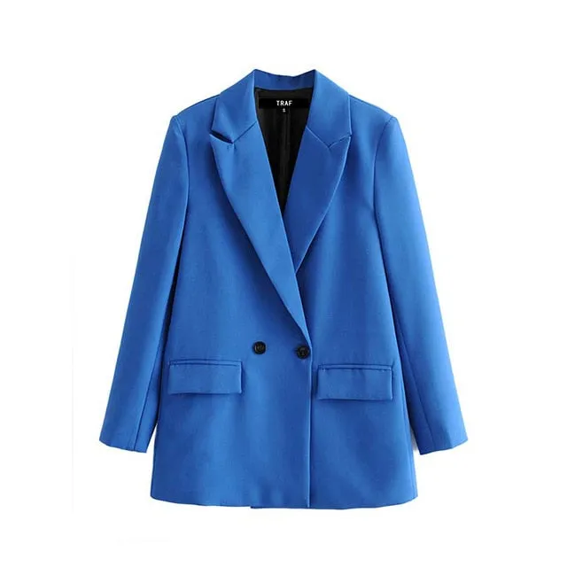 Women Chic Office Lady Double Breasted Blazer Vintage Coat Fashion Notched Collar Long Sleeve Ladies Outerwear Stylish Tops
