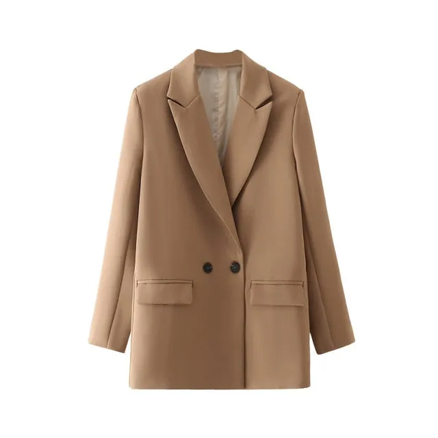 Women Chic Office Lady Double Breasted Blazer Vintage Coat Fashion Notched Collar Long Sleeve Ladies Outerwear Stylish Tops