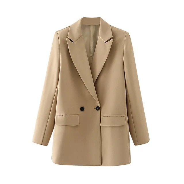 Women Chic Office Lady Double Breasted Blazer Vintage Coat Fashion Notched Collar Long Sleeve Ladies Outerwear Stylish Tops