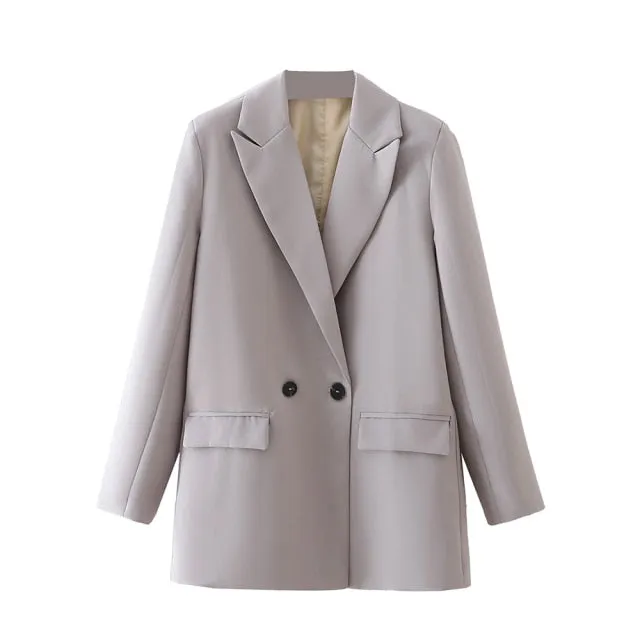 Women Chic Office Lady Double Breasted Blazer Vintage Coat Fashion Notched Collar Long Sleeve Ladies Outerwear Stylish Tops