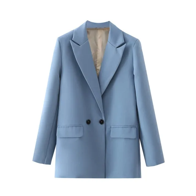 Women Chic Office Lady Double Breasted Blazer Vintage Coat Fashion Notched Collar Long Sleeve Ladies Outerwear Stylish Tops