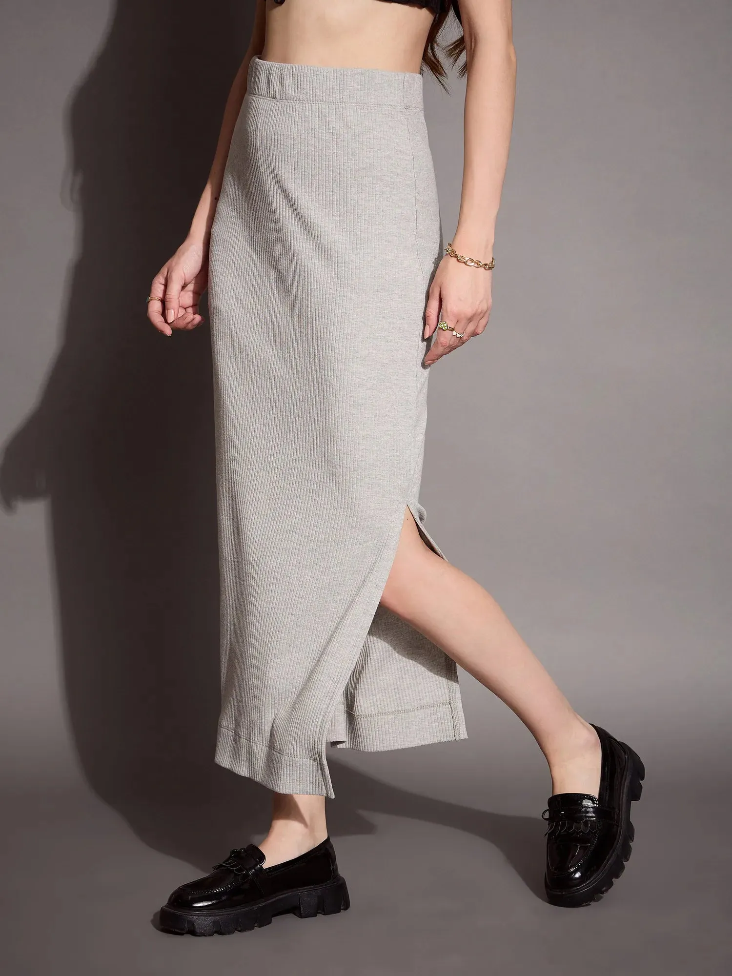 Women Grey Mellange Rib Pencil Skirt-SFSKRT30461