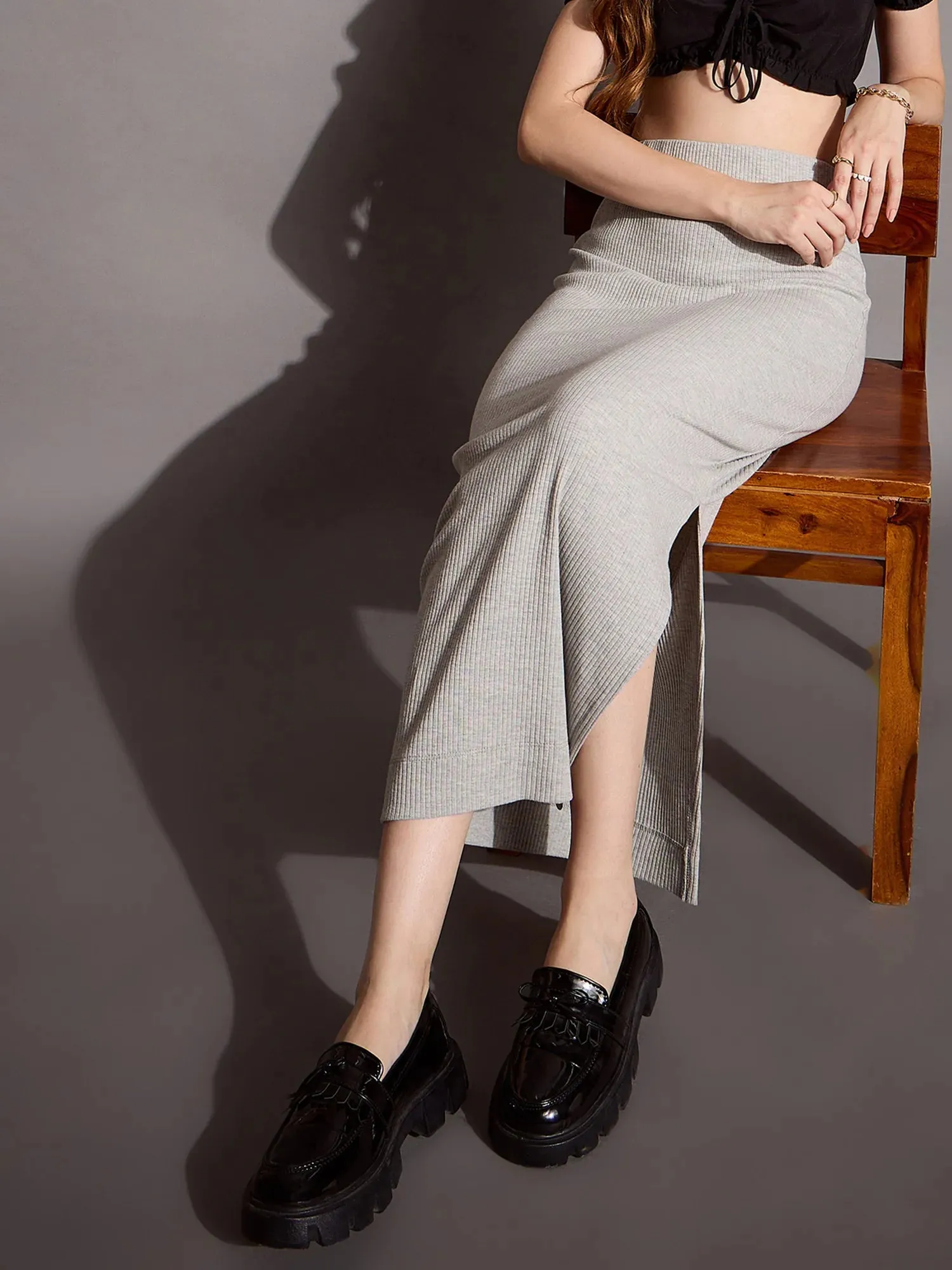 Women Grey Mellange Rib Pencil Skirt-SFSKRT30461