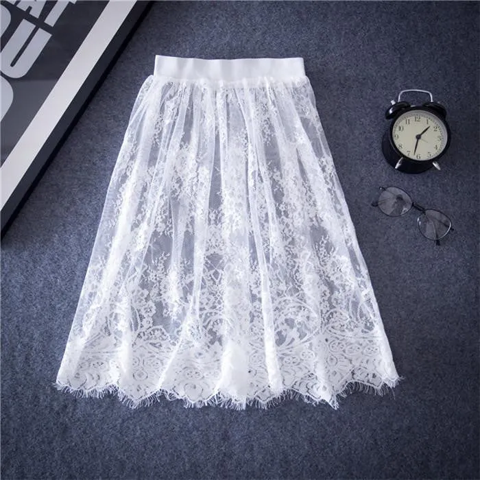 Women Lace Skirts Fashion Solid Casual Mesh tulle skirt Hollow Out short Pencil Elegant Black White Skirt D6