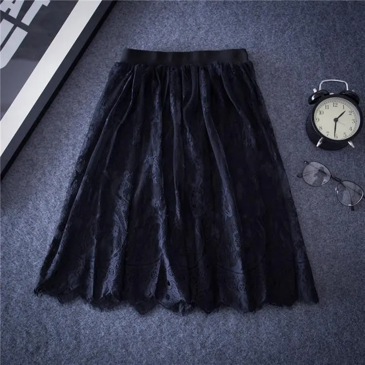 Women Lace Skirts Fashion Solid Casual Mesh tulle skirt Hollow Out short Pencil Elegant Black White Skirt D6