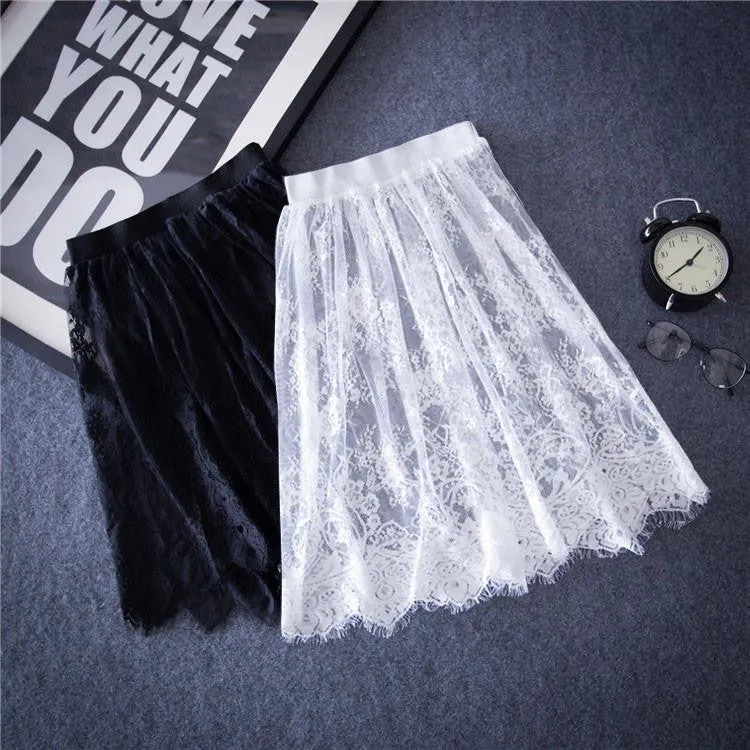 Women Lace Skirts Fashion Solid Casual Mesh tulle skirt Hollow Out short Pencil Elegant Black White Skirt D6