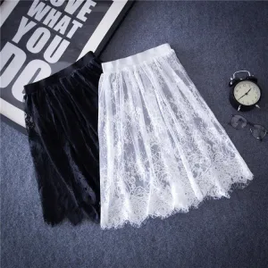 Women Lace Skirts Fashion Solid Casual Mesh tulle skirt Hollow Out short Pencil Elegant Black White Skirt D6