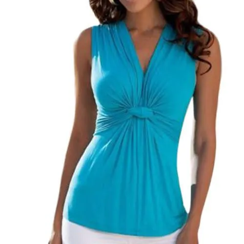 Women Ladies V Neck Kink Vest Sleeveless Blouses Tops Casual Cotton Shirt