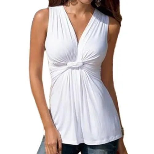 Women Ladies V Neck Kink Vest Sleeveless Blouses Tops Casual Cotton Shirt