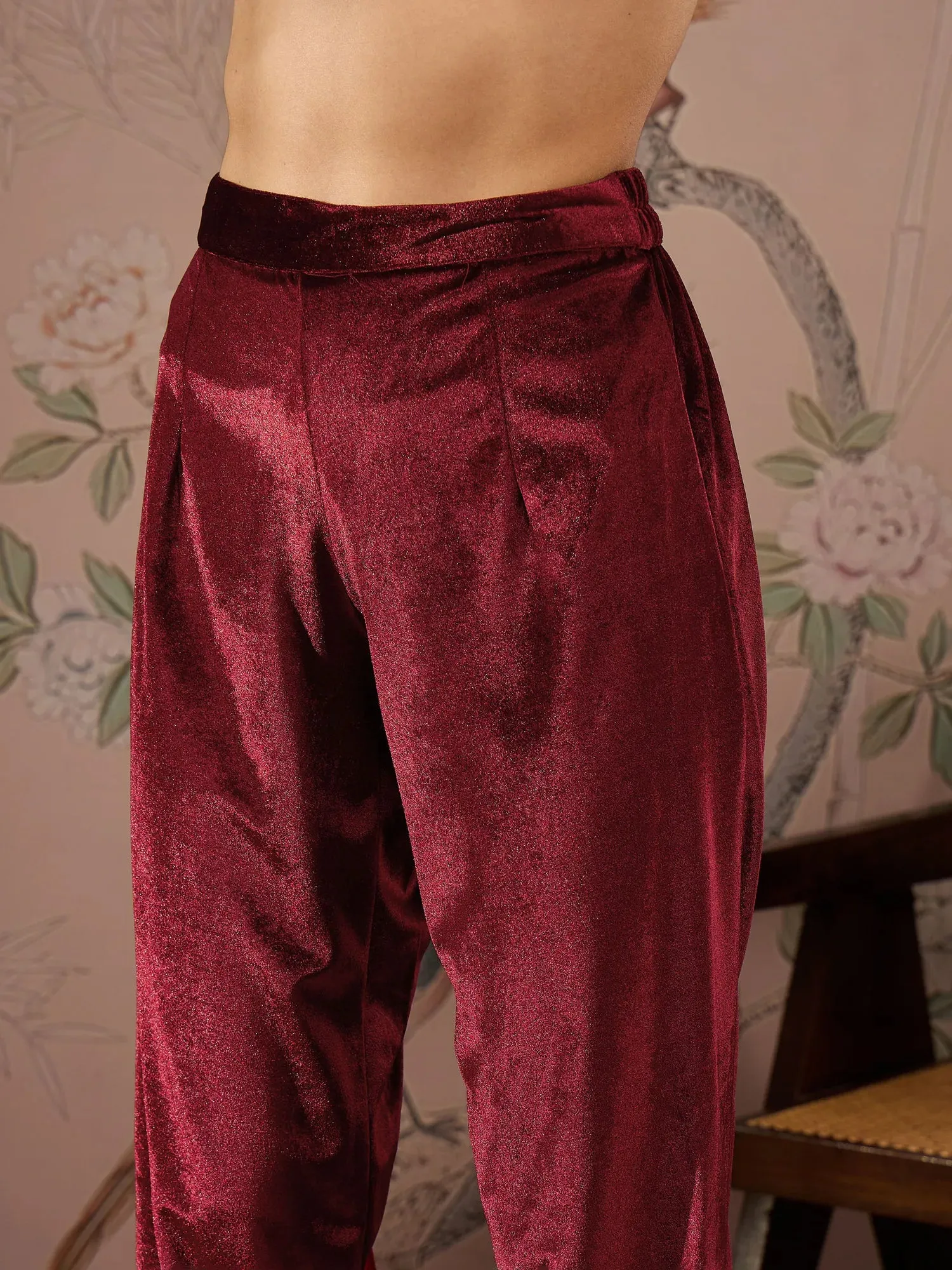 Women Maroon Velvet Elasticated Straight Pants-SHPAN50989