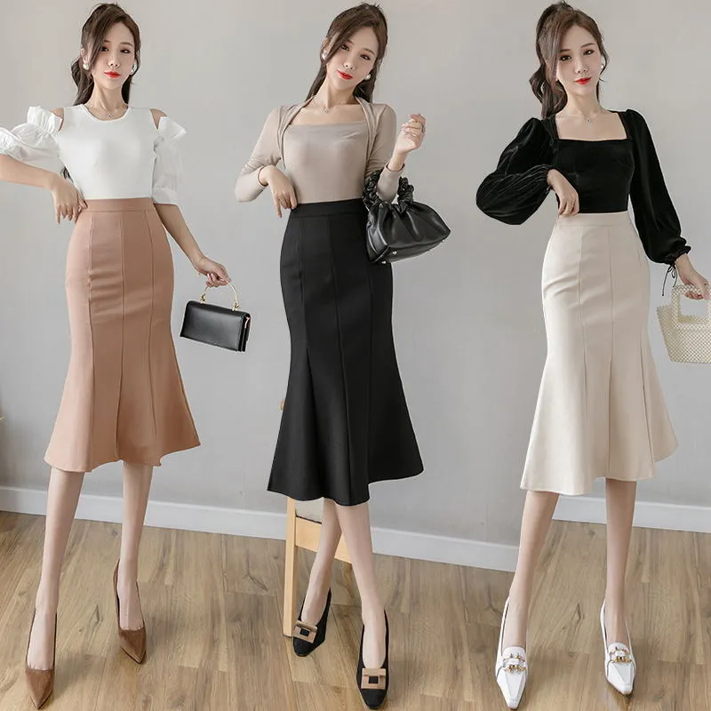 women Pencil skirts high waist midi skirts plus size ruffles black office