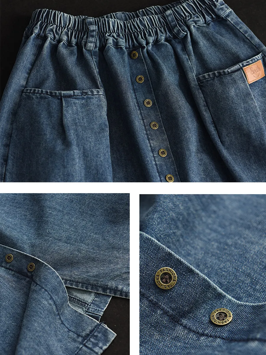 Women Summer Artsy Pure Color Denim Straight Skirt