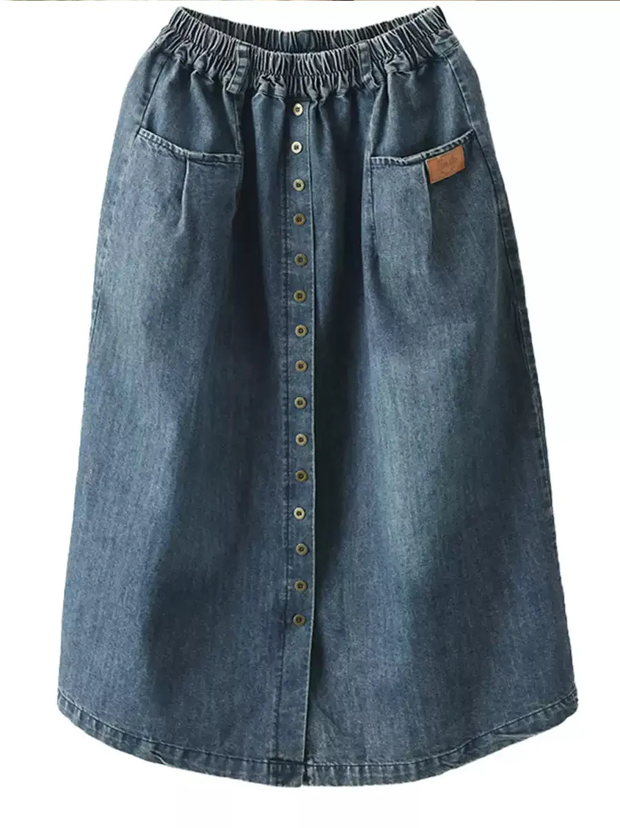 Women Summer Artsy Pure Color Denim Straight Skirt