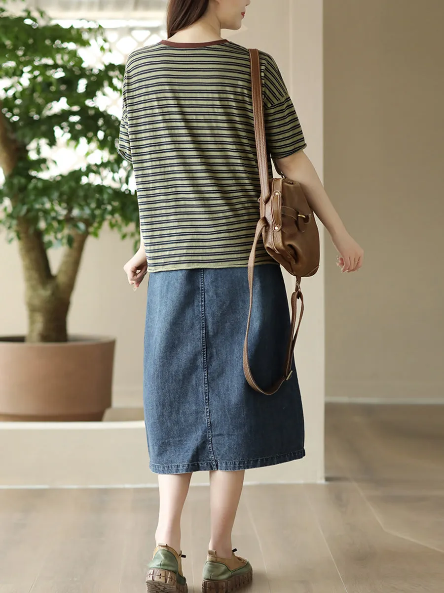 Women Summer Artsy Pure Color Denim Straight Skirt