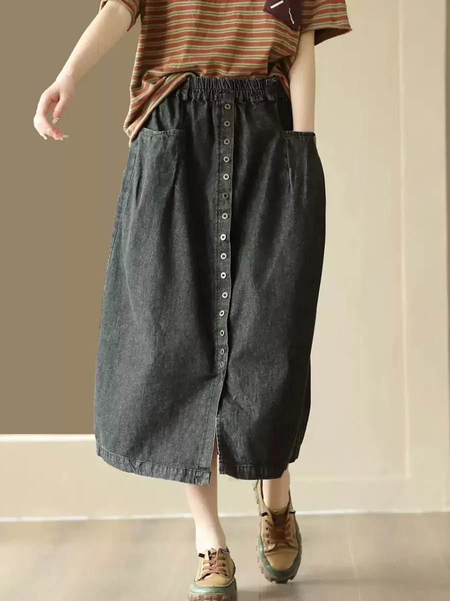 Women Summer Artsy Pure Color Denim Straight Skirt