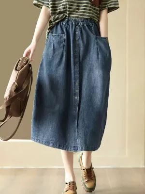 Women Summer Artsy Pure Color Denim Straight Skirt