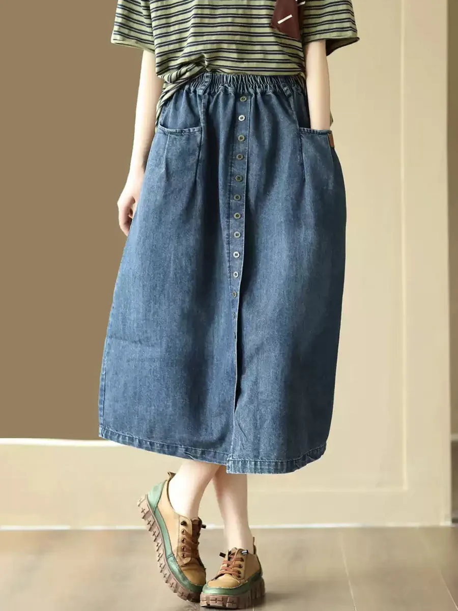 Women Summer Artsy Pure Color Denim Straight Skirt