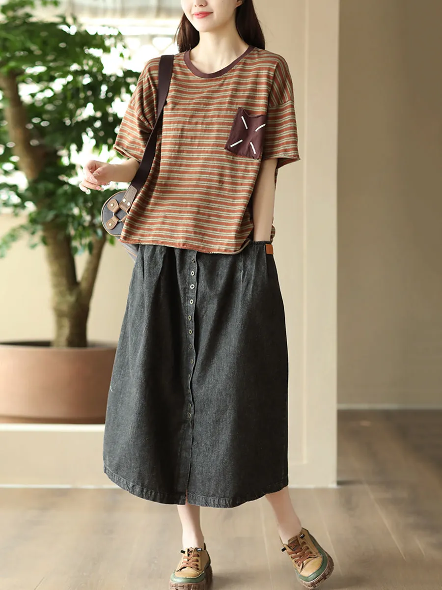 Women Summer Artsy Pure Color Denim Straight Skirt