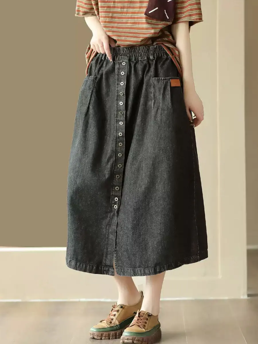 Women Summer Artsy Pure Color Denim Straight Skirt