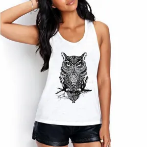 Women White Tank Tops The owl of contemplation Print 20 Colors Women Sleeveless Round Neck Tank Tops BX41-60