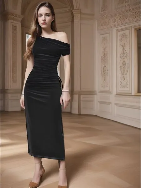 Women's Asymmetric Neck Ruched Fitted Formal Dress