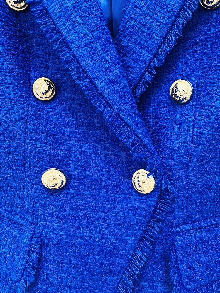 Womens Classic Slim Fitting Double Breasted Lion Buttons Fringed Tweed Blazer